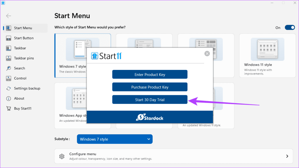 start11 평가판 시작