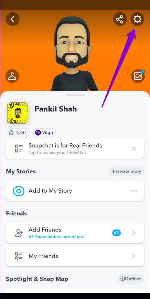 Snapchat 앱 설정 열기