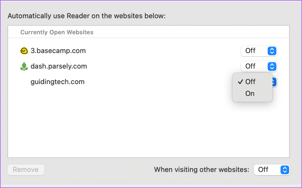 웹사이트 Safari에 대한 리더 보기 활성화