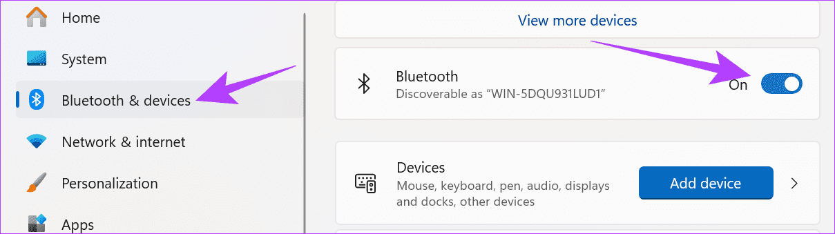 Bluetooth 및 장치를 선택한 다음 Bluetooth를 전환합니다.