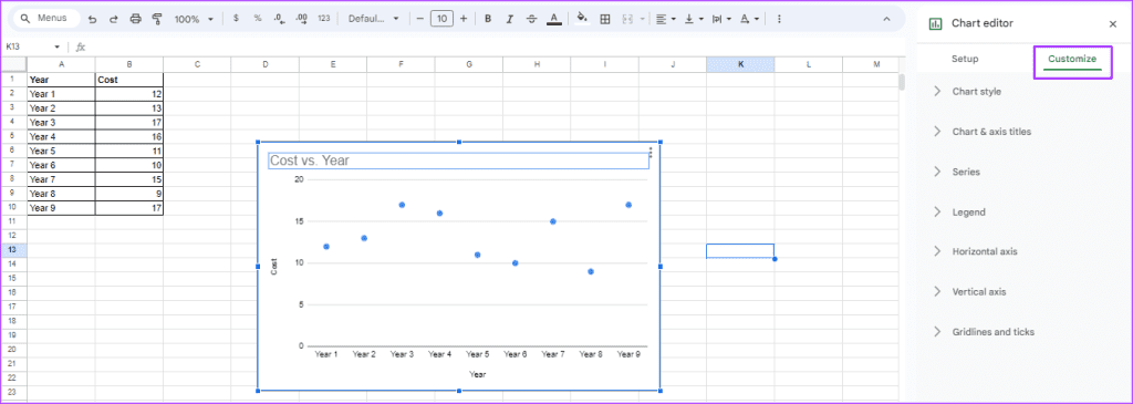 Google Sheets 7에 추세선을 추가하는 방법