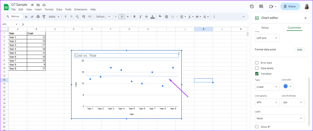 Google Sheets 10에 추세선을 추가하는 방법