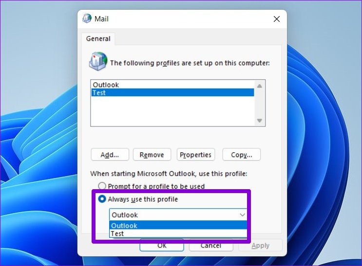 Outlook용 새 프로필을 선택하세요.