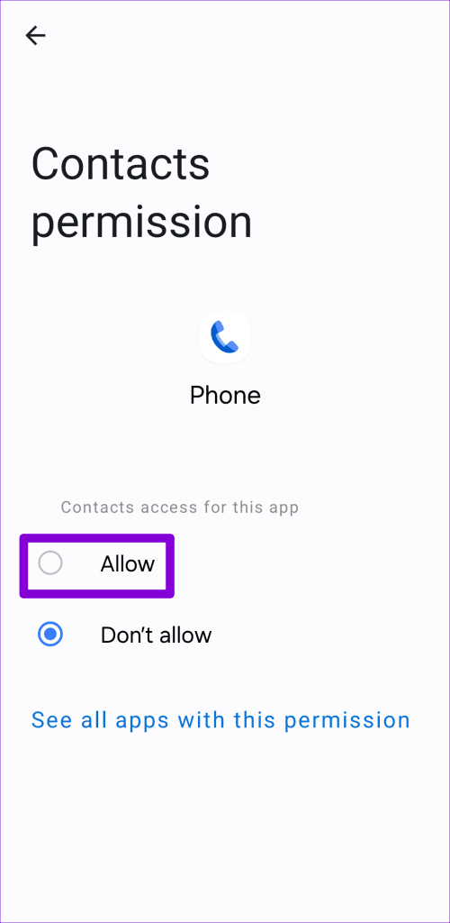 전화 앱이 Android의 연락처에 액세스하도록 허용