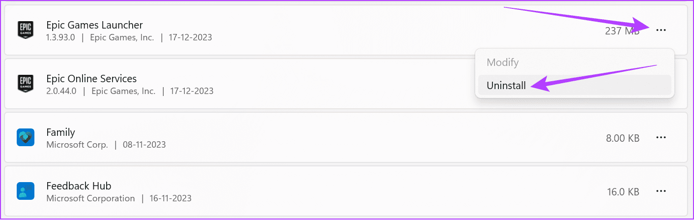 Epic Games Launcher 옆에 있는 세 개의 점을 클릭한 다음 제거를 선택합니다.
