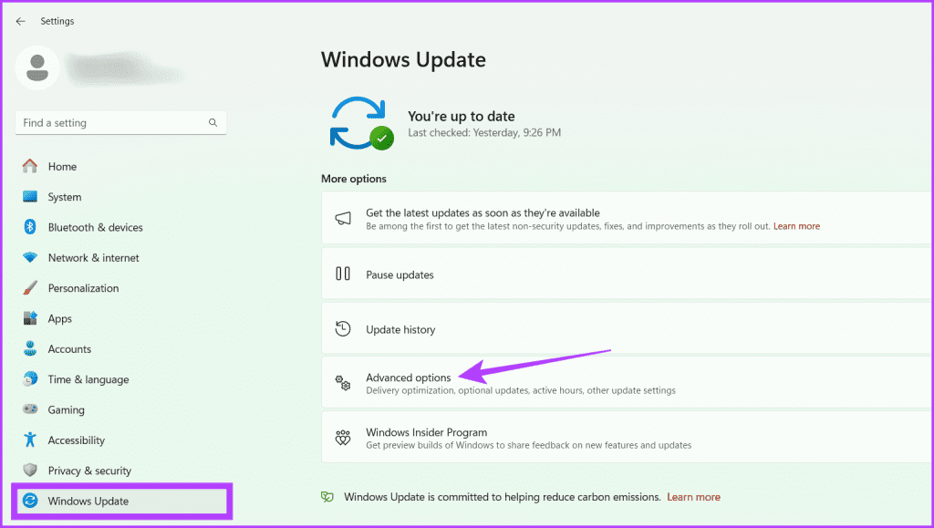 Windows 업데이트로 이동하여 고급 옵션을 선택하세요.