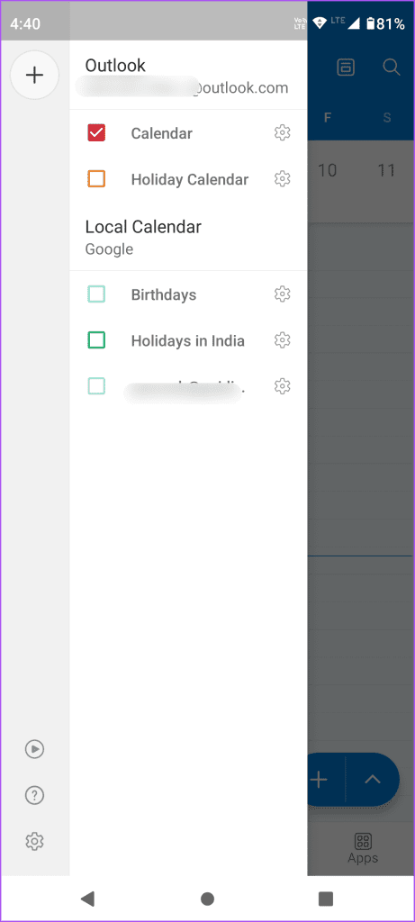 휴일 Outlook 앱을 표시하려면 달력을 선택하세요.