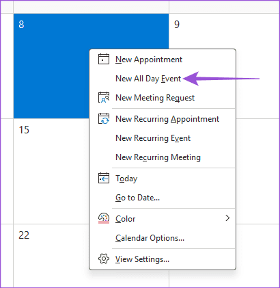 새로운 하루 종일 달력 Outlook Windows 11