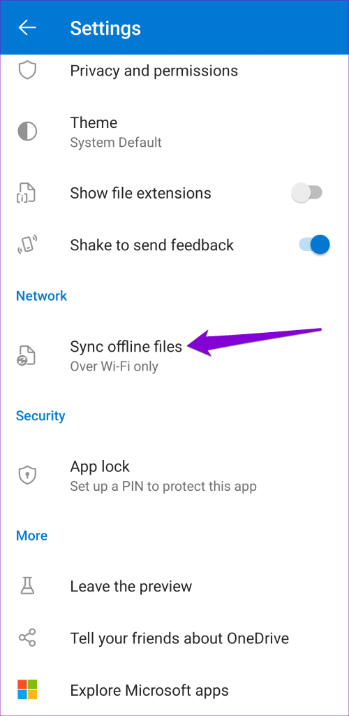 오프라인 파일에 대한 OneDrive 앱 설정
