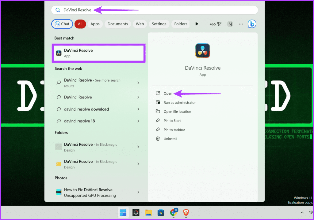 Windows S 유형 DaVinci Resolve를 누르고 열기를 선택합니다.