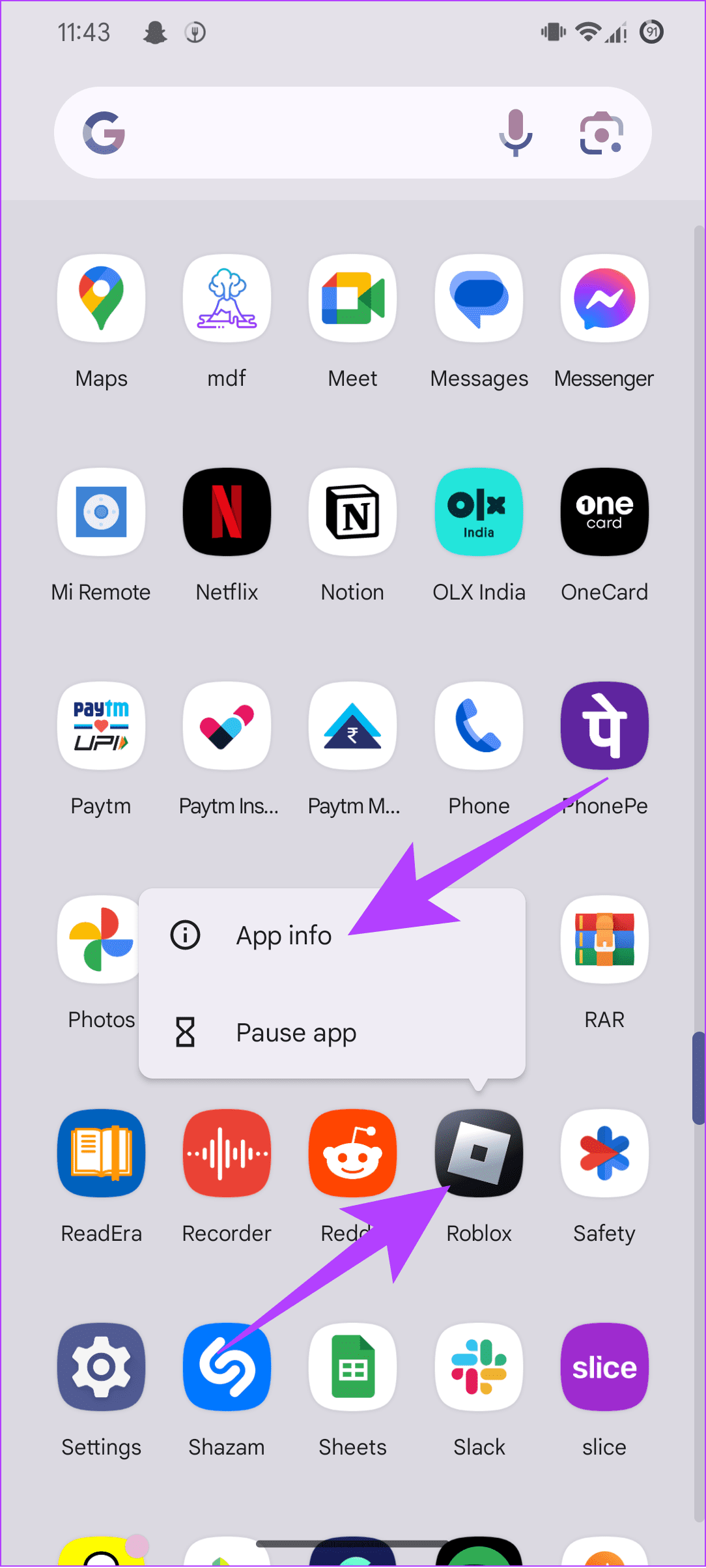 Roblox를 선택한 다음 앱 정보를 탭하세요.