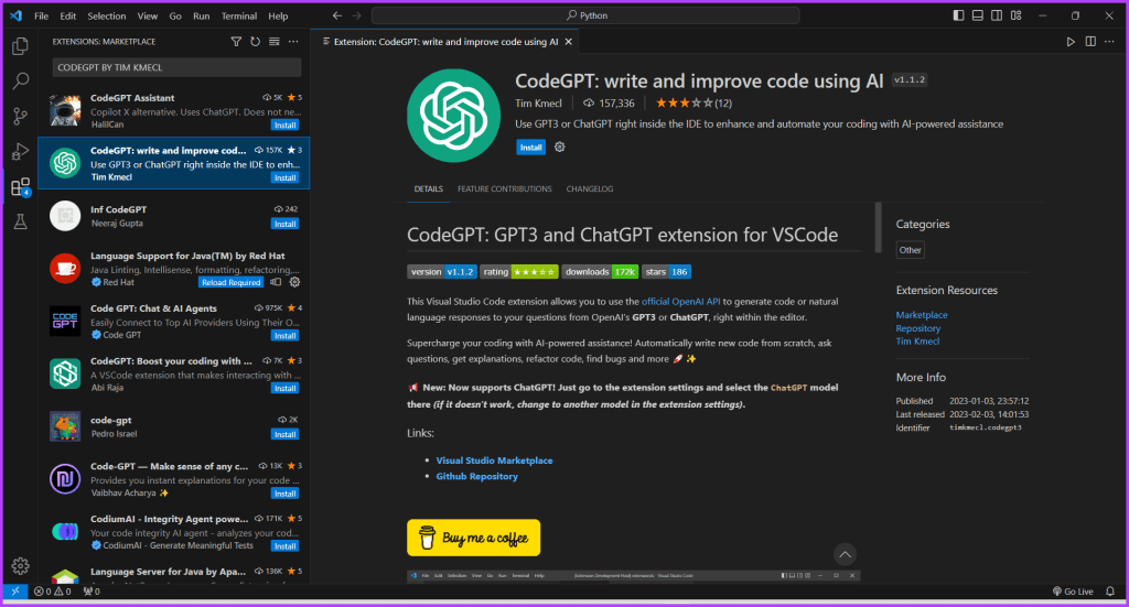 Tim Kmecl의 CodeGPT VS Code ChatGPT 확장