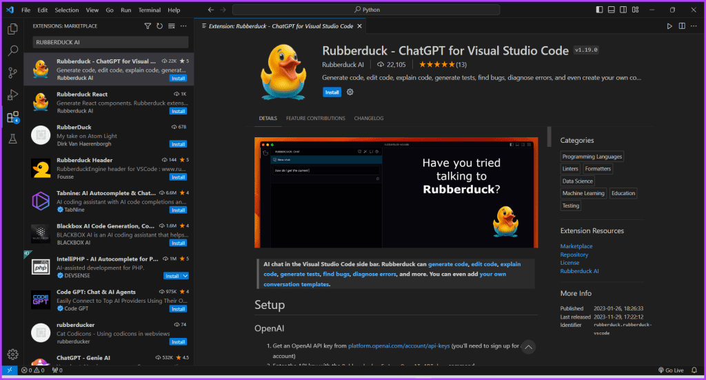 VS Code용 Rubberduck AI ChatGPT 플러그인