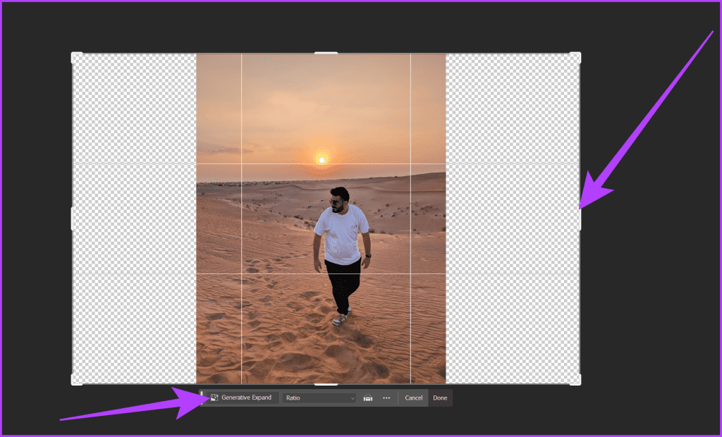 6. 가장자리에서 프레임을 선택하고 원하는 대로 캔버스를 확장합니다.  그런 다음 표시되는 상황별 작업 표시줄에서 Generative Expand 1을 선택합니다.