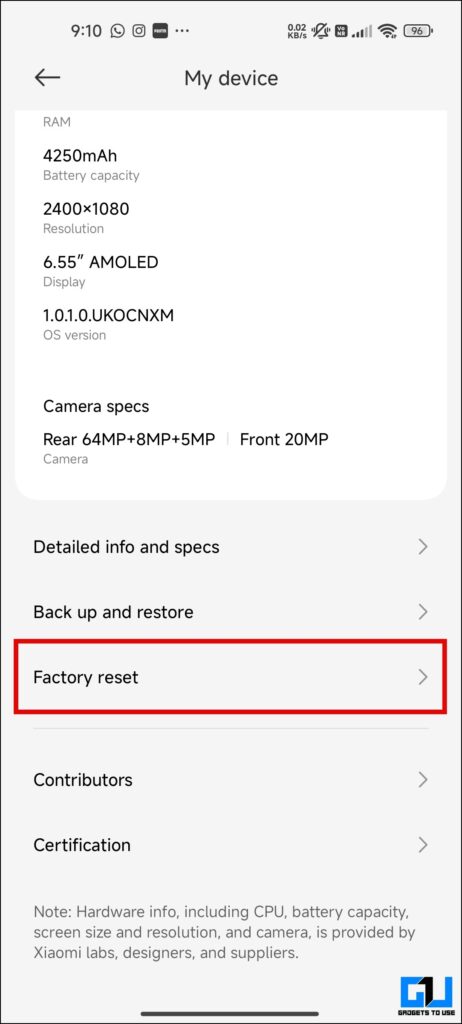 Xiaomi 휴대폰의 내 디바이스 아래에서 공장 초기화 옵션을 선택합니다.