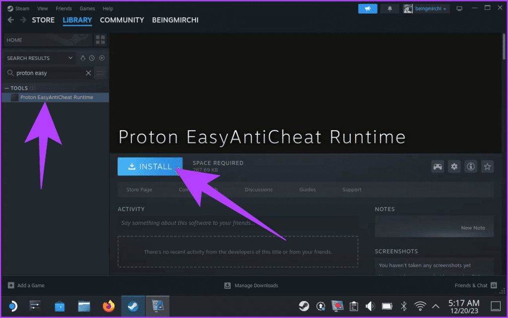 2. Proton EasyAntiCheat 런타임을 검색하세요.  설치를 클릭하여 Steam Deck에 설치하세요.