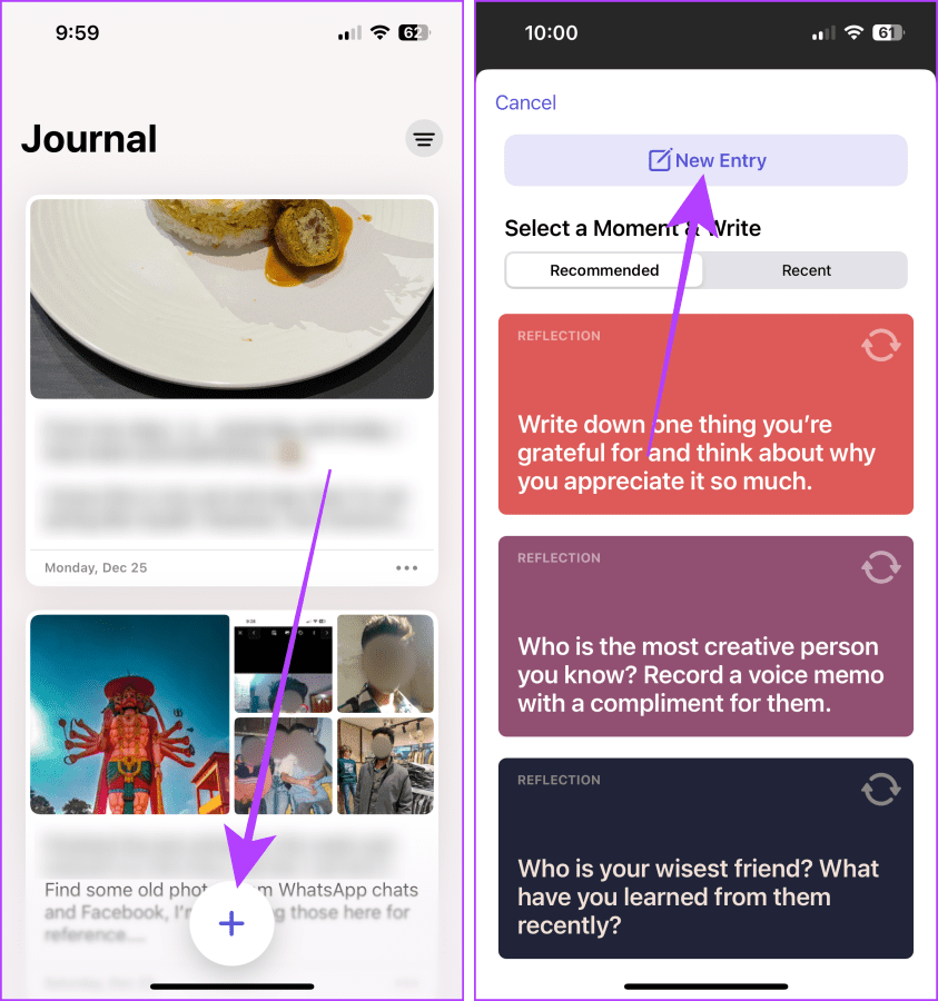 iPhone의 Journal 앱에서 빈 항목 만들기