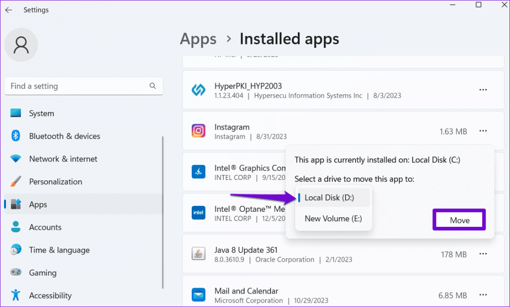 Windows에서 앱을 다른 드라이브로 이동