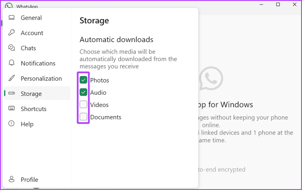 Windows의 WhatsApp 자동 다운로드 설정