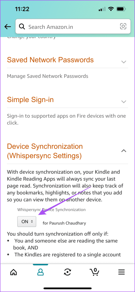 Kindle Amazon 앱에 대한 속삭임 동기화 설정 활성화