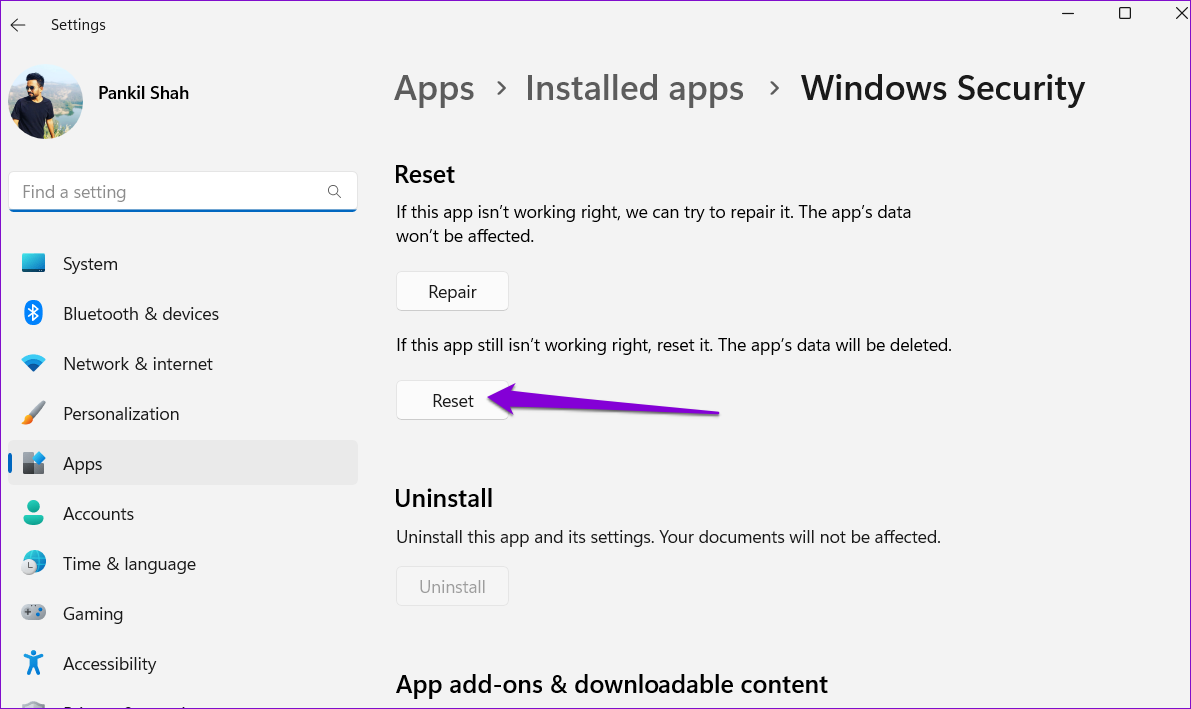 Windows에서 Windows 보안 앱 재설정