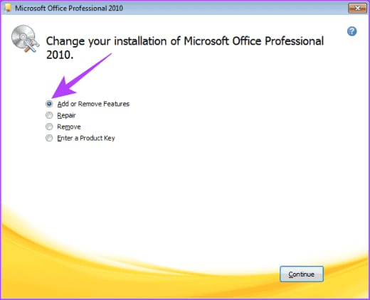 Office 2010 기능 추가 제거 옵션