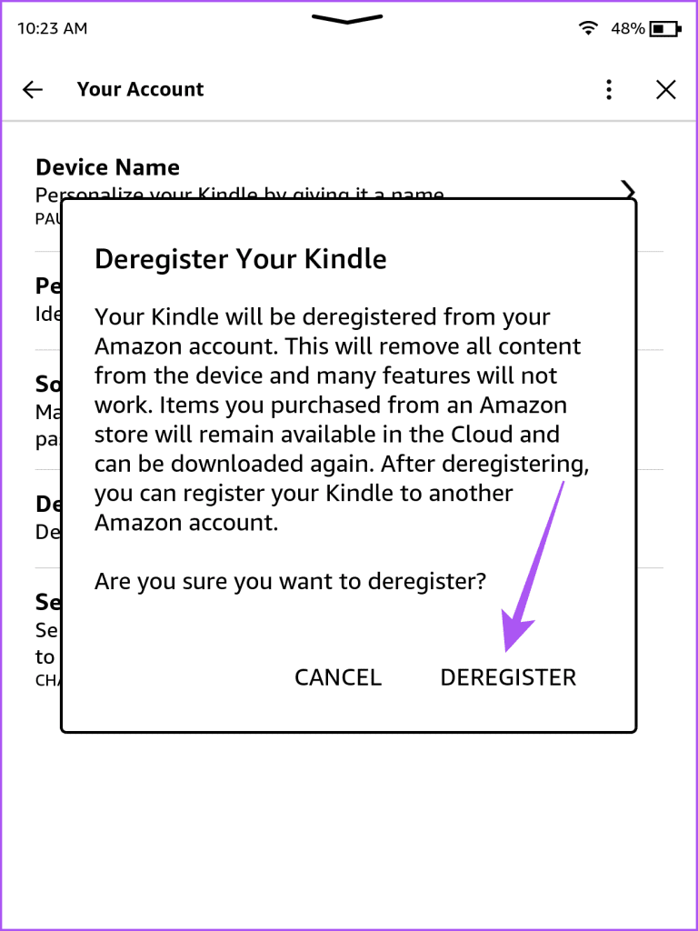 Amazon 계정에서 Kindle 등록을 취소하세요