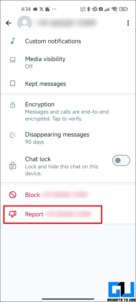 WhatsApp 프로필 페이지에 강조 표시된 신고 번호