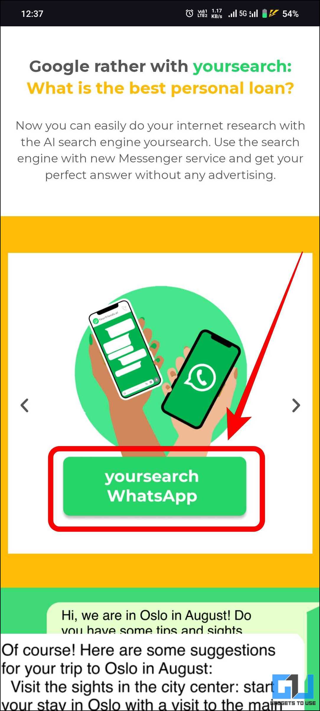 Yoursearch WhatsApp 버튼이 빨간색으로 강조 표시되었습니다.