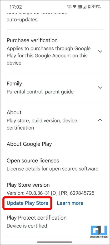 강조 표시된 "Play 스토어 업데이트" 버튼을 사용하여 Govt.  검증된 기능.