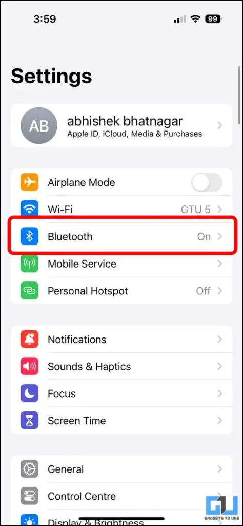 iOS 설정 아래의 Bluetooth 옵션.