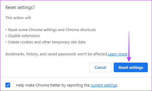 Chrome 재설정 설정 버튼