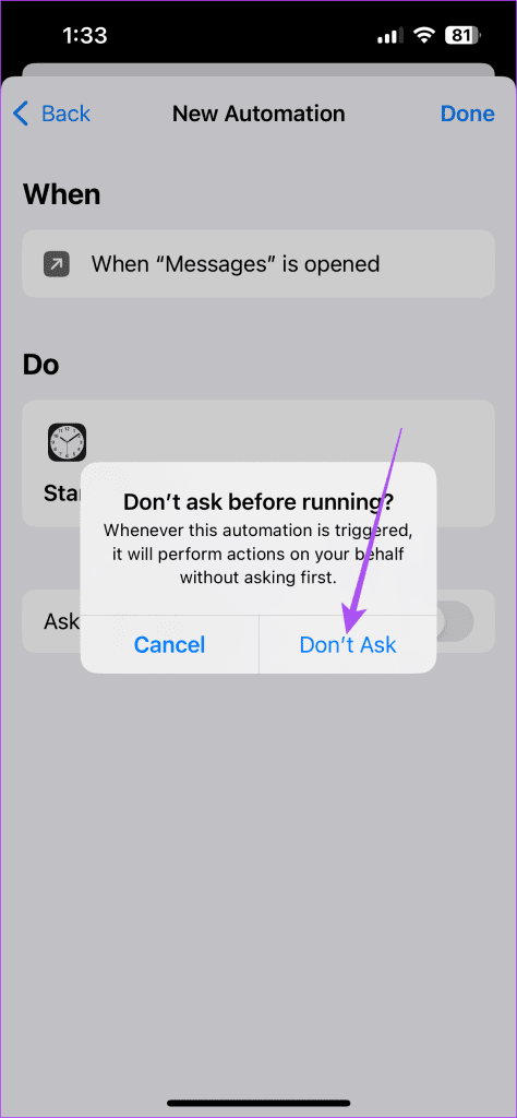 타이머 단축키 앱을 실행하기 전에 묻지 마세요.