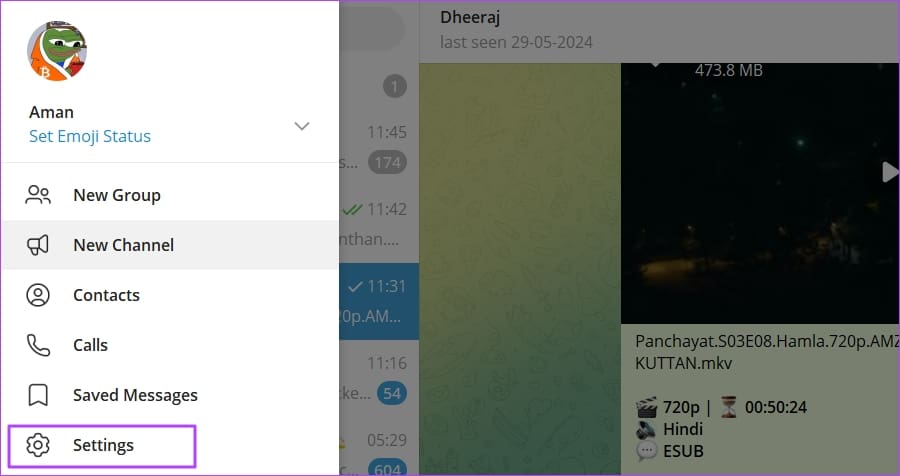 Telegram Desktop 앱의 설정 옵션.