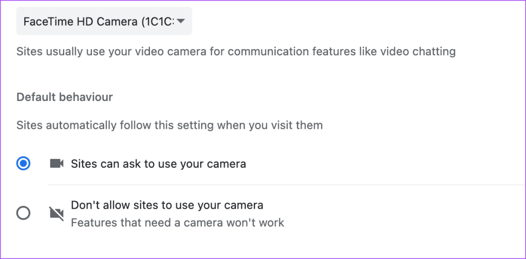 사이트에서 카메라 크롬 브라우저에 대한 권한을 요청하도록 허용