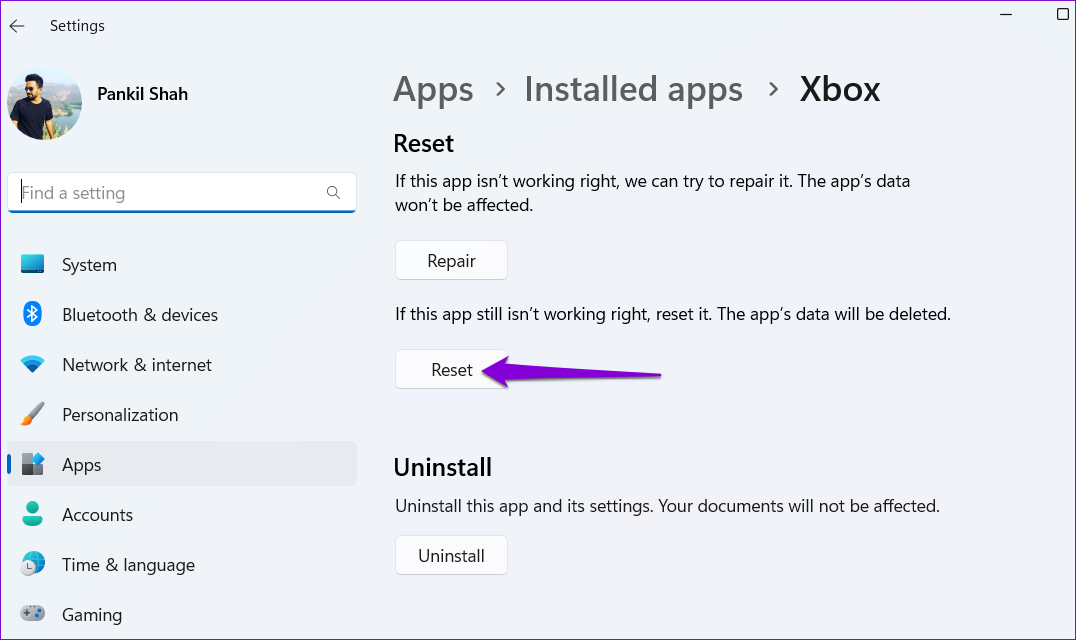 Windows에서 Xbox 앱 재설정