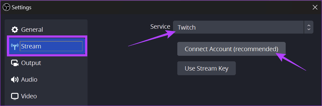 스트림을 선택하고 Twitch를 선택한 다음 계정 연결을 선택하세요.