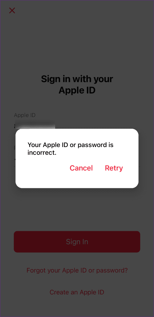 잘못된 Apple ID 또는 비밀번호