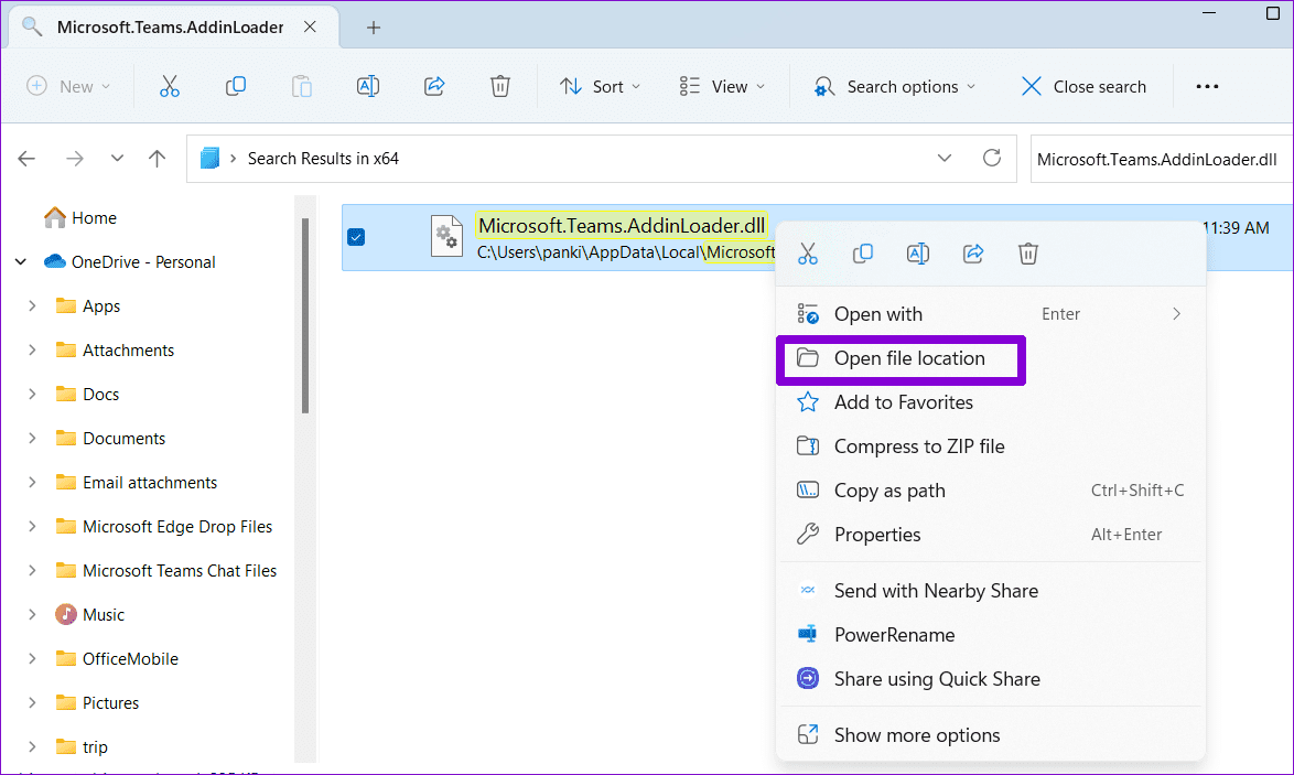 Microsoft Teams Add in DLL 파일의 위치 열기