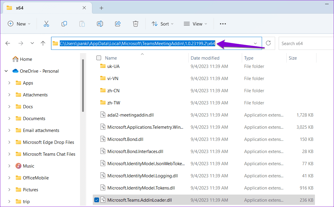 Microsoft Teams Add in DLL 파일의 경로 복사