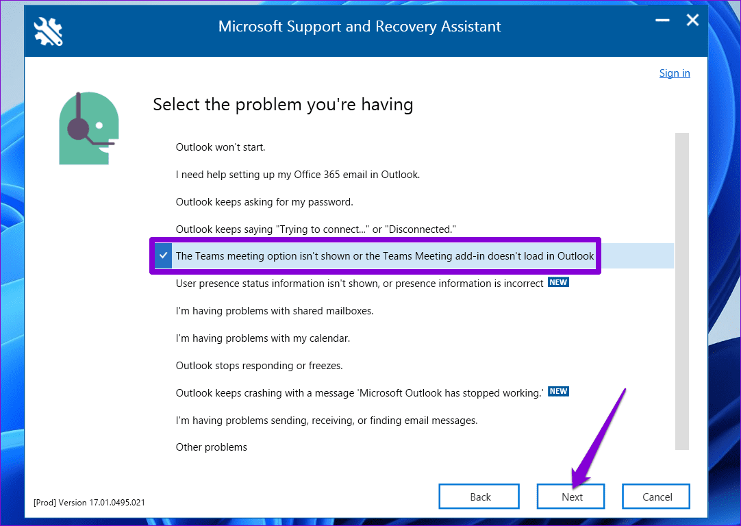 Microsoft 지원 및 복구 도우미를 사용하여 Outlook에서 Teams 추가 기능 수정