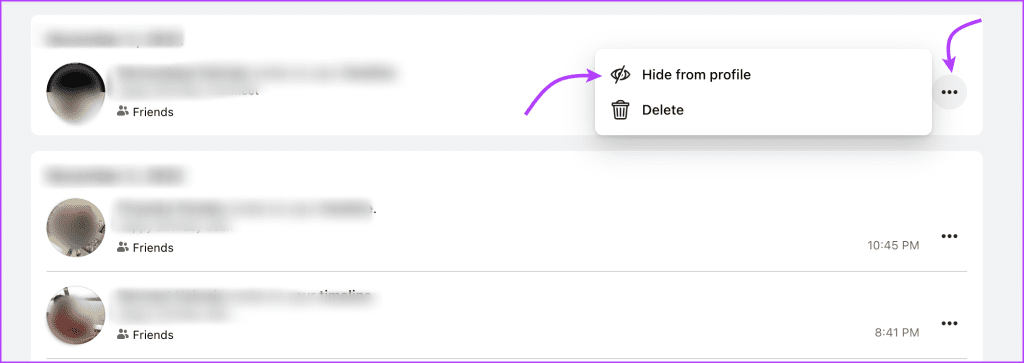 3개 점 아이콘을 클릭한 다음 프로필에서 숨기기를 클릭합니다.