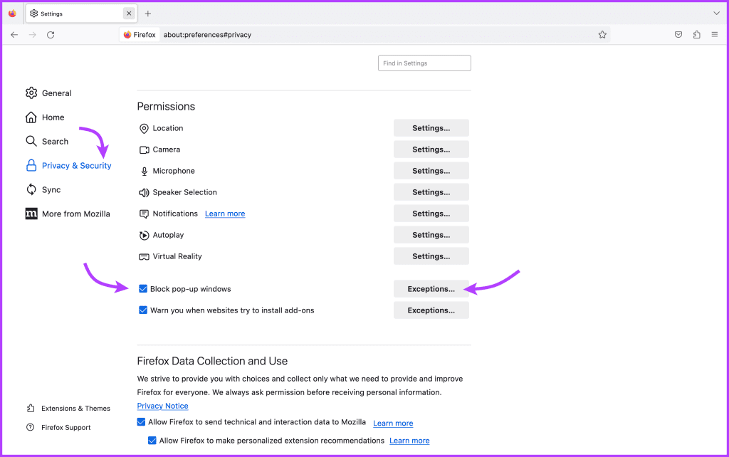 Mac에서 Firefox의 팝업 켜기 또는 끄기