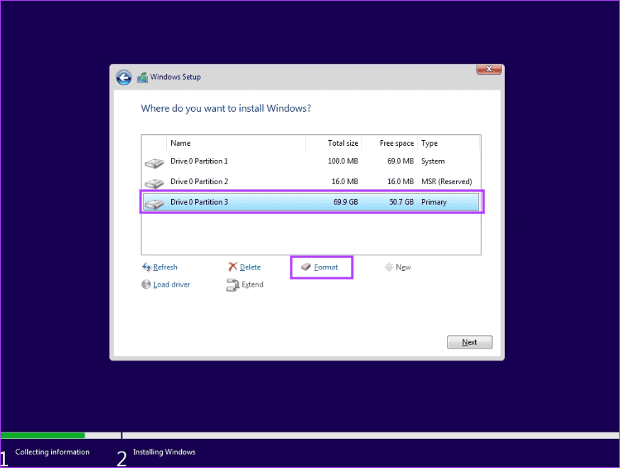 Windows 설치를 위해 다른 드라이브를 선택하세요