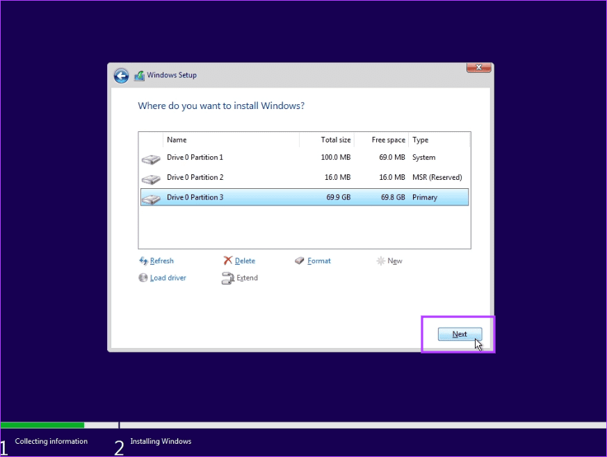 다른 드라이브에서 Windows 설치를 시작하세요