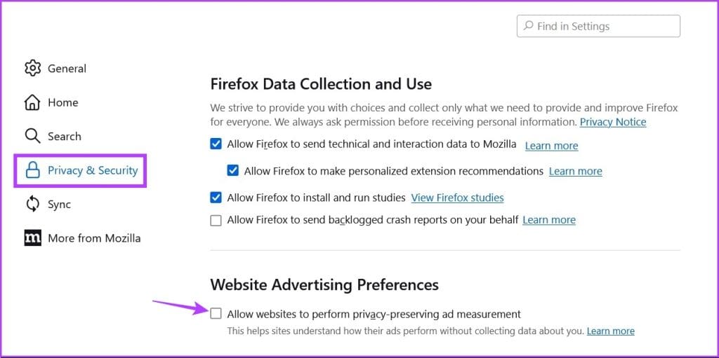 Firefox 1의 개인 정보 보호 광고 측정 옵션