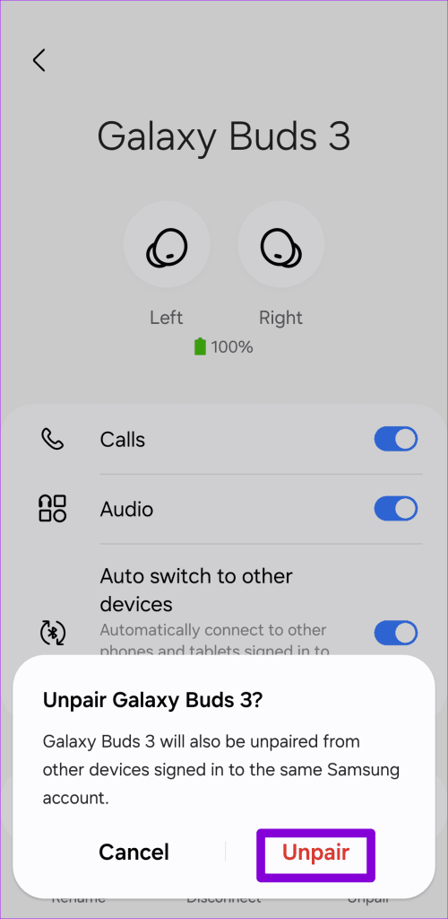 Android에서 Galaxy Buds 3 페어링 해제 확인