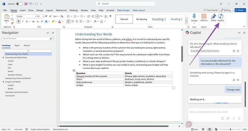 Microsoft Word 10에서 Copilot과 채팅하기